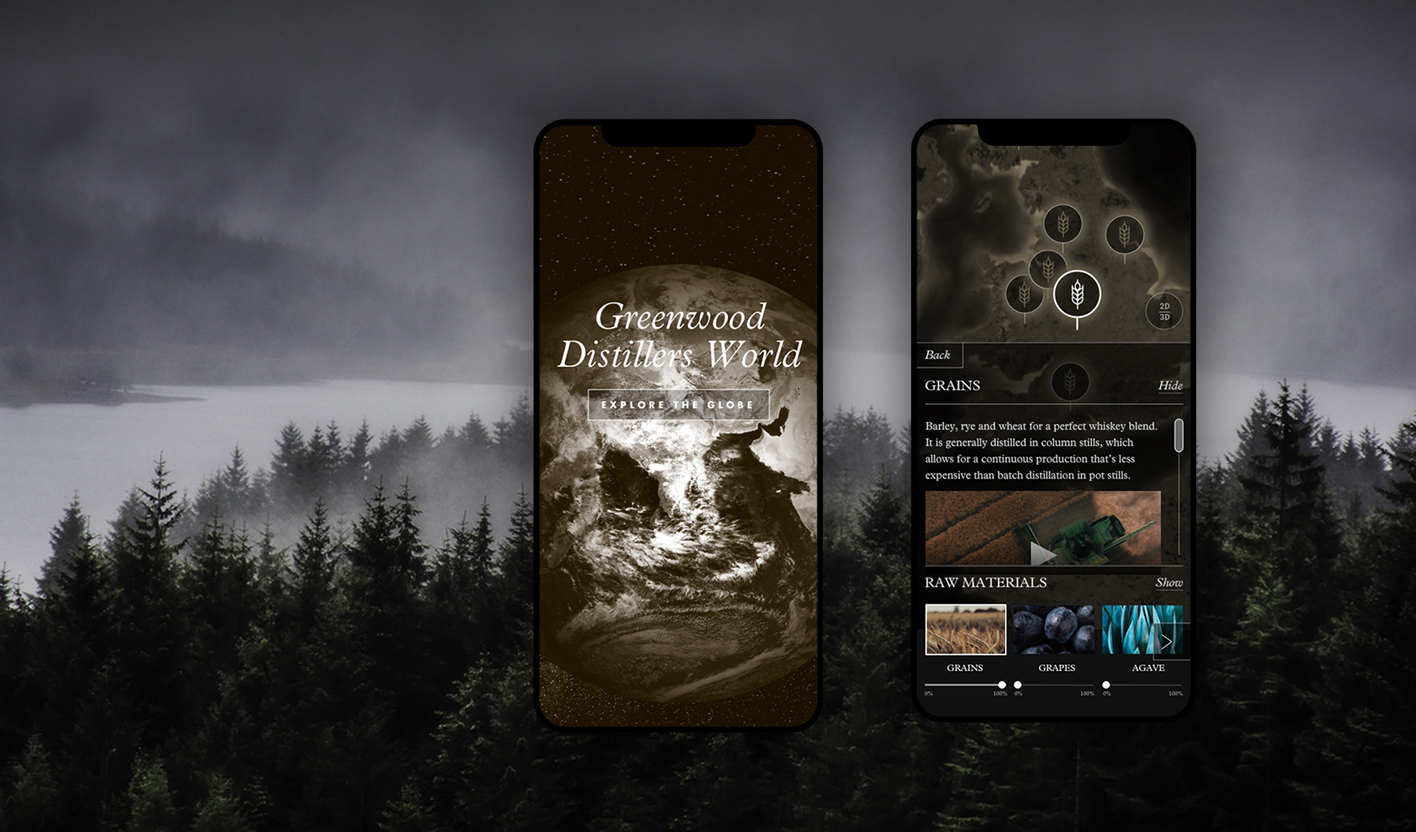 View of two mobile screens showing earth-x app with a misty forest landscape as background